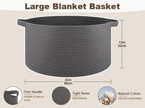 OIAHOMY 105L Extra Large Blanket Basket - Decorative Cotton Rope Storage Basket for Bedroom, Living Room & Nursery - Woven Laundry Hamper for Organizing Blankets, Clothes & Toys - Grey - Image 2