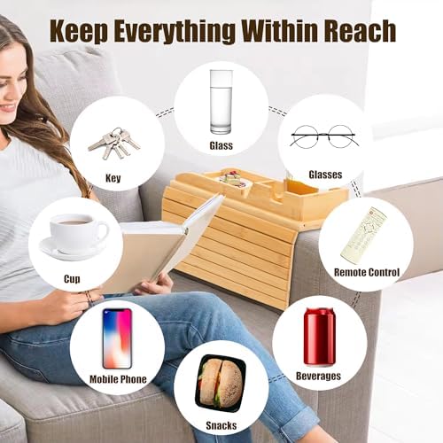 Bamboo Couch Cup Holder, Foldable and Anti-Slip Sofa Arm Table with Detachable Sofa Arm Organizer Tray, Portable 2 in 1 Sofa Armrest Tray for Drink, Coffee, Cup, Remote, Snacks, Cellphone, Glasses - Image 5