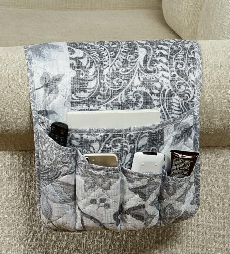 Brilliant Sunshine Grey Flowers Patchwork Couch Armrest Organizer, 35"×13" by BrilliantSunshine