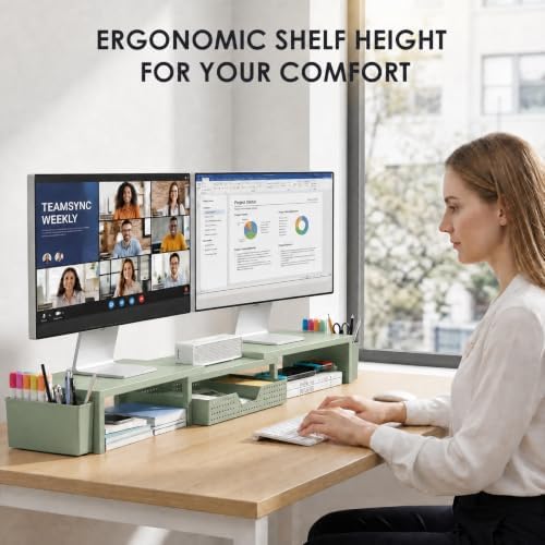 OPNICE Desk Organizers and Accessories, Dual Monitor Stand Riser with Drawer and 2 Pen Holders, Desk Shelf Computer Racks & Printer Stand for Office Workspace Organizers, Desktop Organization (Sage Green) - Image 2