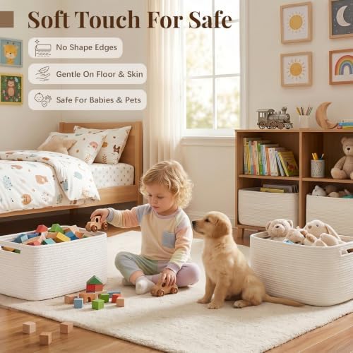 OIASKET 4Packs Natural Cotton Rope Storage Baskets for Organizing Toys, Clothes, Towels & Books, Soft Versatile Organizers for Shelves, Home Decorative Bins, 15.7''Lx11.8''Wx7.8''H, White - Image 4
