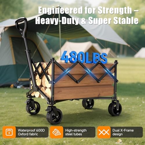 Collapsible Wagon Cart, 480lbs Heavy Duty Wagon with All-Terrain Wheels (Black) - Image 3