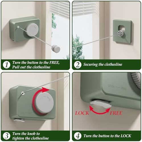 Danpoo Retractable Clothesline Heavy Duty - 13.8ft Adjustable Tension Wall Mounted Indoor Outdoor Clothes Drying Line, Compact Laundry Rope with Pulley System(Green) - Image 5