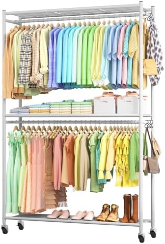 Sakugi Clothes Rack - 45.2" x 12.2" x 79.5" Clothing Rack with Shelves & Wheels, Multi-Functional Wardrobe Closet with Hooks, Sturdy Metal Garment Rack for Bedroom, Laundry, Balcony (White) by Sakugi