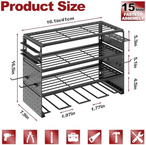 16" Metal Power Tool Organizer Wall Mount,4 Tier,Black - Image 2