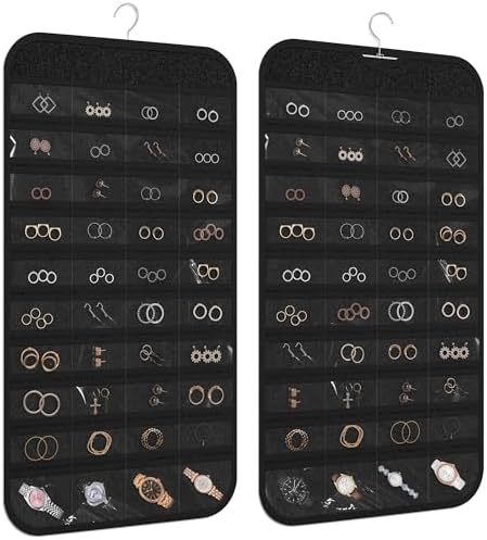 Hanging Jewelry Organizer 80-Pocket Double-Sided Storage, 2-Pack, Black by DonYeco