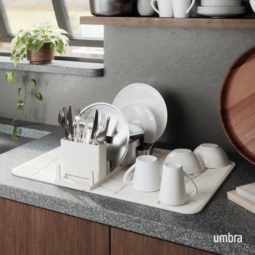 Umbra Udry Dish Drying Rack with Microfiber Mat, Foldable Drainer, Sand - Image 2