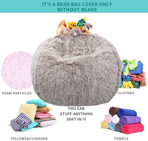 Fluffy Stuffed Animal Storage Bean Bag Chair Cover (No Filler), Faux Fur Comfy Bean Bag Cover for Organizing Plush Toys or Textile, for Adults Teens Kids Girls, Heather Camel - Image 3