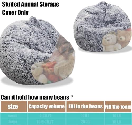 Fluffy Stuffed Animal Storage Bean Bag Chair Cover (No Filler), Faux Fur Comfy Bean Bag Cover for Organizing Plush Toys or Textile, for Adults Teens Kids Girls, Gray - Image 4