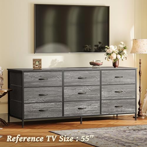 Huuger Long Dresser for Bedroom, 55 Inch TV Stand for 55, 60 Inch TV, Entertainment Center with Drawers, Large Storage Fabric 9 Drawer Dresser, Closet, Grey - Image 2