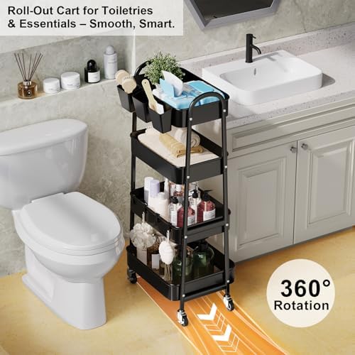 Black 4 Tier Rolling Cart Metal with Lockable Wheels,Four Tiered Dorm Carts - Image 7
