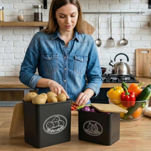 Lifewit Plastic Potato and Onion Storage Bin Box, Set of 2, Black - Image 2