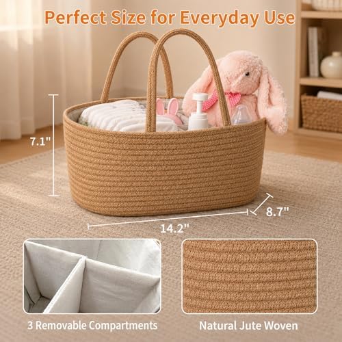 ABenkle Baby Diaper Caddy Organizer, Jute Rope Nursery Storage Basket - Image 3