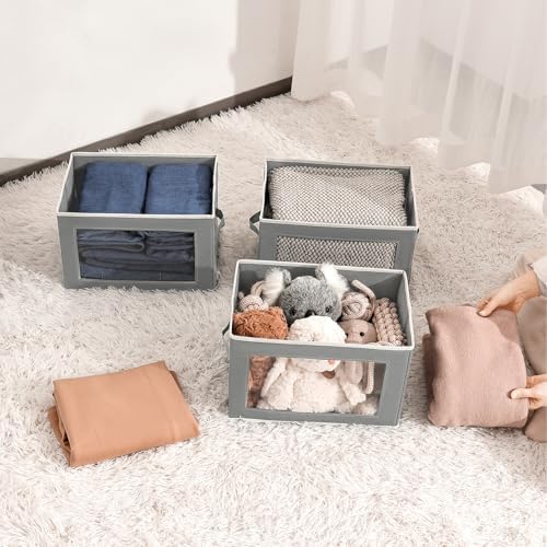 Homsorout Stackable Storage Bins with Lids - Medium Storage Box with Lids, Foldable Closet Boxes for Organizing, Wardrobe Clothes Organizer with Window, Cubes Bins for Living Room, 5 Pack, Grey - Image 3