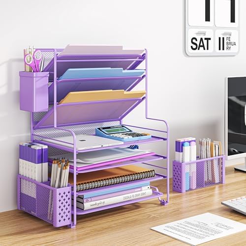 Simple Trending 7 Tier Desk File Organizer, Letter Tray Paper Organizer with Pen Holder and Metal Hanging Basket, Purple - Image 2