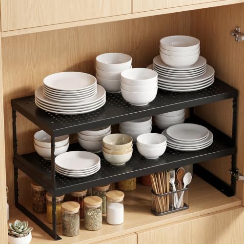 Adjustable Expandable Metal Storage Shelf, Standing Shelf Unit for Kitchen Cabinet Pantry Countertop, Space Saving Shelf Riser and Organizer(1 Pack/Black,Medium) - Image 4