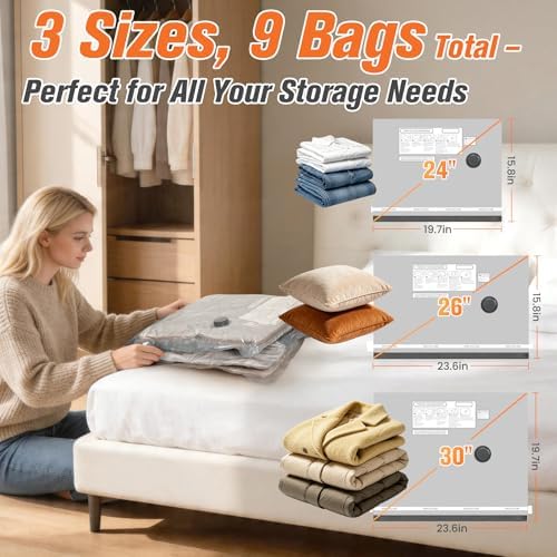 9 Combo Size Vacuum Storage Bags for Travel with Cordless Pump, Space Saver Bags for Clothes, Compression Packing Bags for Luggage - Image 3