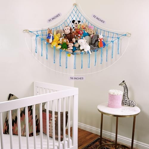 ABBY BABY Large Stuffed Animal Hammock Corner - Stuffed Animal Storage - 100% Natural Cotton Macrame Stuffed Animal Net - Stuff Animal Organizer - Net For Stuffed Animals Corner Large-Blue - Image 3
