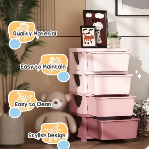 Qaba 4 Drawers Kids Storage Unit 4 Tier Toy Organizers Pink - Image 6