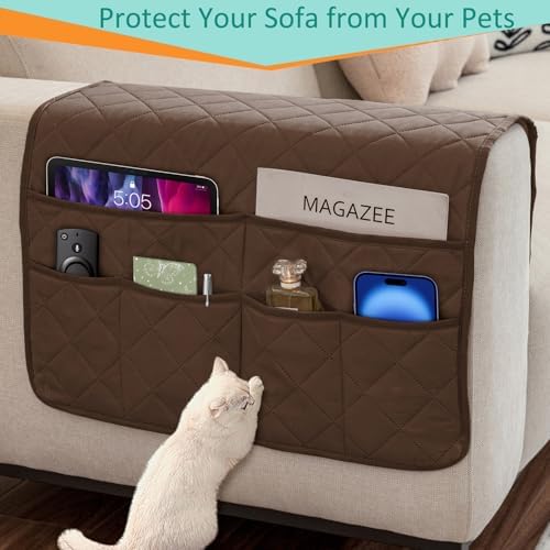 Remote Control Holder for Recliner Non-Slip Armchair Caddy Couch Armrest Organizer, Arm Chair Bedside Caddy Storage Organizer for Recliner Couch With 6 Pockets for Magazine, Phone, iPad (Brown) - Image 5
