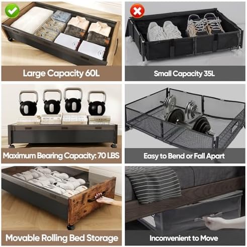 KITHELP Wooden Under Bed Storage with Wheels, Rolling Under the Bed Storage Bins with Removable Lid, Metal Under Bed Drawers for Clothes and Shoes in Bedroom or Living Room(Vintage Brown-2pack) - Image 3