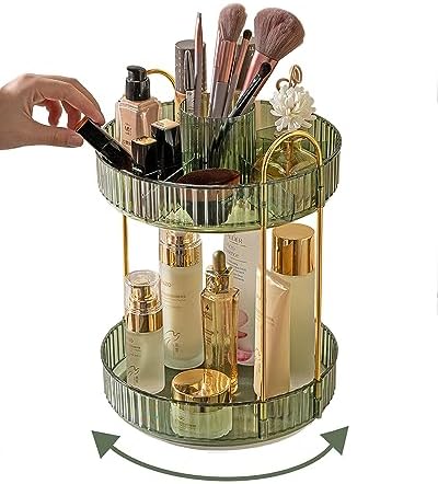 Asayuee 360 Rotating Makeup Organizer,2 Tier Large Capacity Make Up Organizers and Storage,Skincare Perfume Vanity Organizers,Bathroom Cosmetics Storage Organizer Countertop (Green) by Asayuee