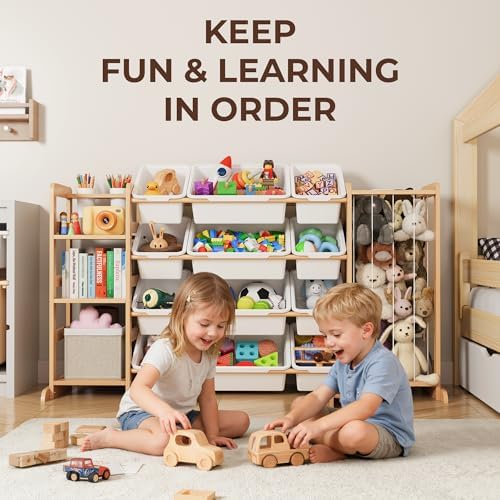 Toy Storage Organizer with Bookshelf and Stuffed Animal Storage - Kids Playroom Organization with 3 Shelves and 12 Bins - Toddler Living Room Toy Box for Collections - Nursery Bedroom Decor Essential - Image 2