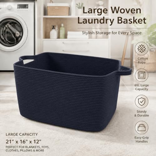 65L Large Laundry Basket with Handles,Woven Blanket Basket,Navy - Image 5