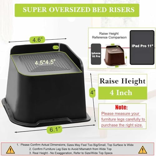 Bed Risers 2 inch, 3 inch, 4 inch, 6 inch, 8 inch Heavy Duty, Oversized Furniture Riser for Couch Sofa Table Chair Leg Frame Dorm, Support up to 6000 Lbs (Black 4 Pack, 4 inch) - Image 2