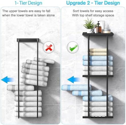 Towel Rack for Bathroom, Wall Mounted Vertical Rolled Towel Storage Organizer Holder with Shelf, Holds Up 6 Large Bath Sheets, Black Large Size - Image 5
