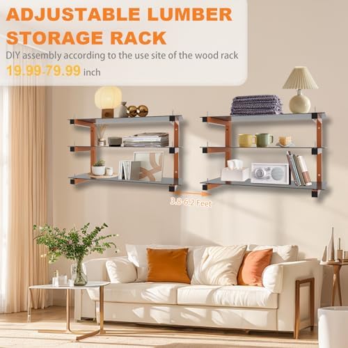 4 Pack Wall-Mounted Lumber Rack, Heavy Duty Wood Storage Racks, 6-Level System Garage Shelving, 1320 LBS Capacity Hanging Organizer Shelves, Orange Brackets Utility Metal Shelf for Indoor and Outdoor - Image 4