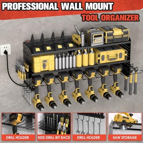Veitorld Large Power Tool Organizer with Charging Station, 3 Layer Heavy Duty Modular Wall Mount Rack with 9 Drill Holders for Garage Workshop, Battery Utility Rack with 8-Outlet Power Strip - Image 4