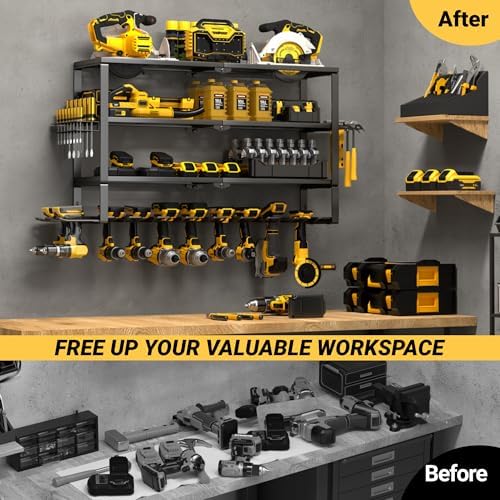 YYR Large Power Tool Organizer Wall Mount, Heavy Duty Metal Cordless Drill Storage Rack with Battery Charging Station Shelf, Utility Racks for Garage Organization, 4 Layer 10 Drills Holder Extra Tall - Image 4