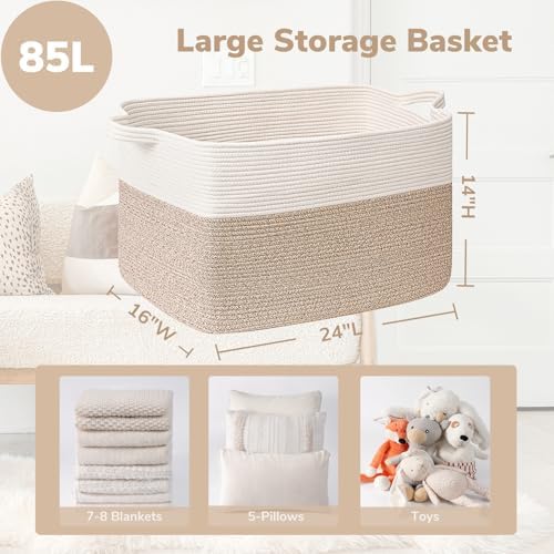 Goodpick 85L Large Woven Rope Blanket Basket, White & Light Brown - Image 3