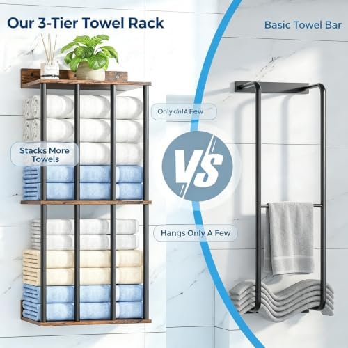 Wall Mounted Towel Rack, Wood & Metal Towel Holder for Bathroom Wall - Image 6