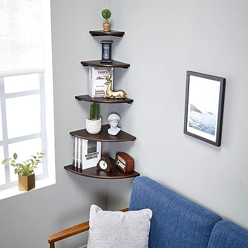 Corner Shelf, Solid Oak Wood Floating Corner Shelf Wall Mount Round End Floating Speaker Shelves with Wire Hole for Small Plant Photo Frame for Bedroom Kitchen, Living Room (Walnut, 7in) - Image 3