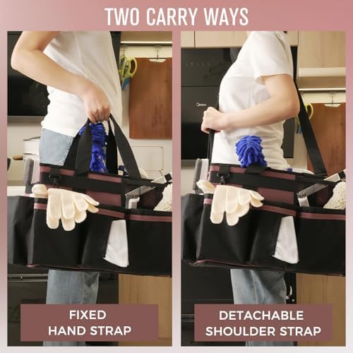 SCAVATA Wearable Cleaning Caddy, Cleaning Caddy Supplies Organizer with Handle & Shoulder Straps for Housekeepers, Under Sink & Car Cleaning Tool Organizers Bag with 4 Foldable Divider (LotusPink) - Image 6