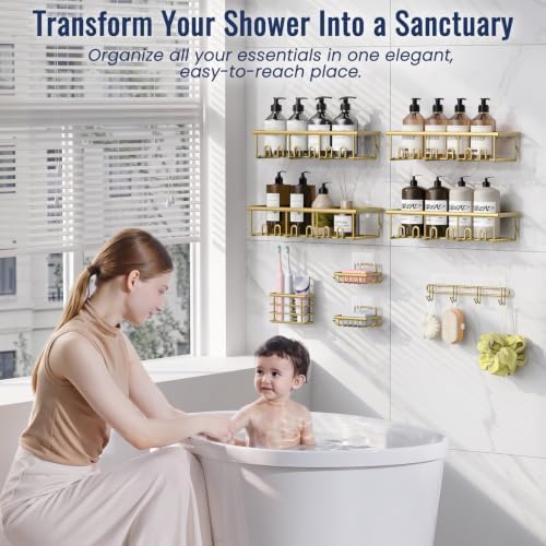 8 Pack Adhesive Bathroom Holders & Dispensers for Kids & Adults, Gold - Image 4