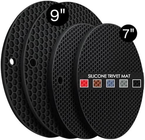 4 Pack Silicone Trivet Mats, 7 Inch & 9 Inch Flexible Heat Resistant Silicone Hot Pads Pot Holders for Kitchen Counter, Round Trivets for Hot Dishes - Potholders Jar Opener(Black) by QPIXDIGITAL