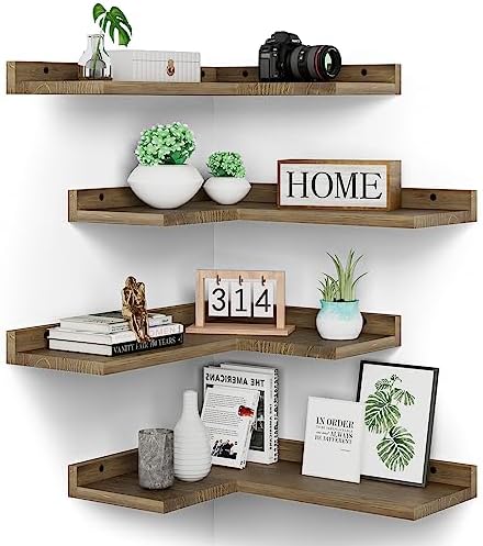 Floating Corner Shelves Set of 4, Rustic Pine Wooden Floating Corner Wall Shelf for Wall Décor Storage, L Shaped Corner Shelf Wall Mount For Bedroom, Living Room, Bathroom, Kitchen, Light Brown by Eostbe
