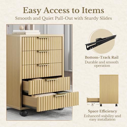 5 Drawer Chest, Under Desk Storage Wood Drawers with Wheels,Fluted File Cabinet for Home Office, Natural Walnut - Image 6