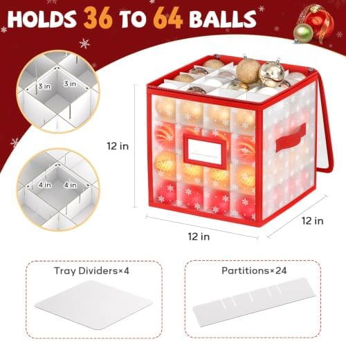 Christmas Ornament Storage Box, 64 Ball Container with Adjustable Dividers - Image 2