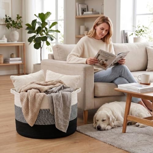 90L Extra Large Blanket Basket,Woven Laundry Basket-Mixed Black - Image 4