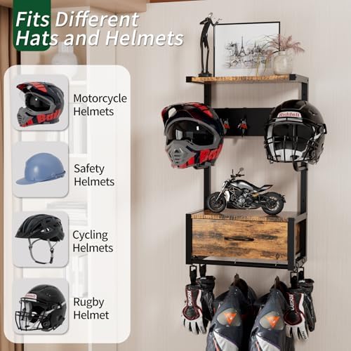 Motorcycle Helmet Holder Wall Mounted, Helmet Holder Wall Mount with Helmets Rack and Hooks for for 6 Helmets, Riding Suits & Accessories, Sturdy Construction Storage Organizer for Entryway or Garage - Image 2