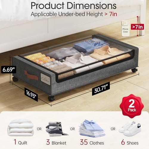 Yecaye Under Bed Storage with Wheels, 2Pack Under Bed Storage Containers, Underbed Shoe Storage Organizer, Rolling Under Bed Metal Drawers for Clothes, Blankets(30.71 x 16.93 x 6.69 in) - Image 2