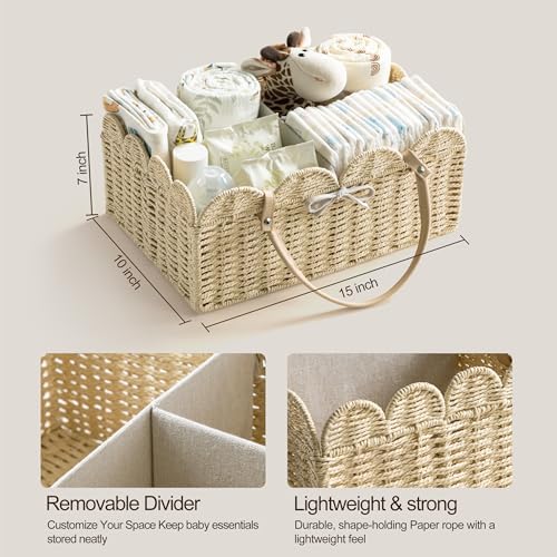 HBlife Large Baby Diaper Caddy, Paper Rope Storage Baskets Nursery Bin with Removable Divider, Portable Car Organizer for Diapers, Baby Shower Gifts, Newborn Essentials Must Haves - Image 5