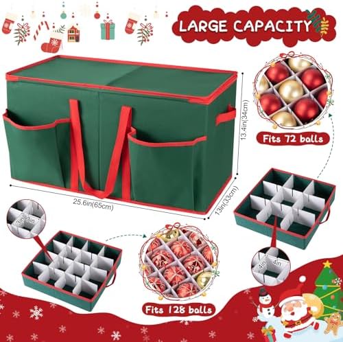 OIAHOMY Ornament Storage Box Holds 128 Christmas Ornaments, Christmas Ornament Storage Include Trays and Zippers, Ornament Organizer with Handle, Made of 600D Oxford Fabric - Green - Image 3