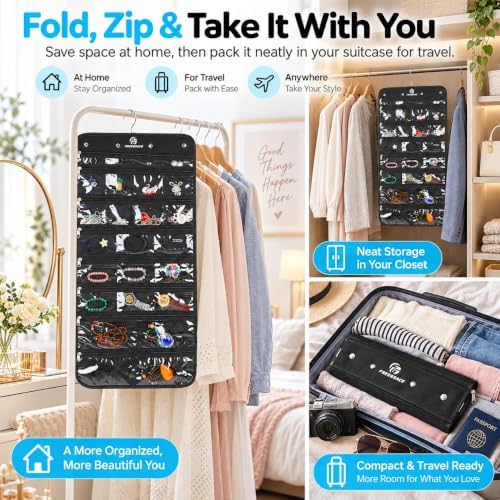 Freegrace Hanging Jewelry Organizer, 25 Zippered Pockets, 23 Necklace Hooks - Image 6