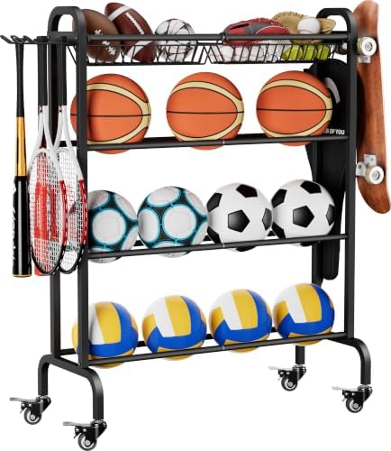 Ball Organizer with Wheels, 4 Tier Basketball Storage Cart, Black by Ardier