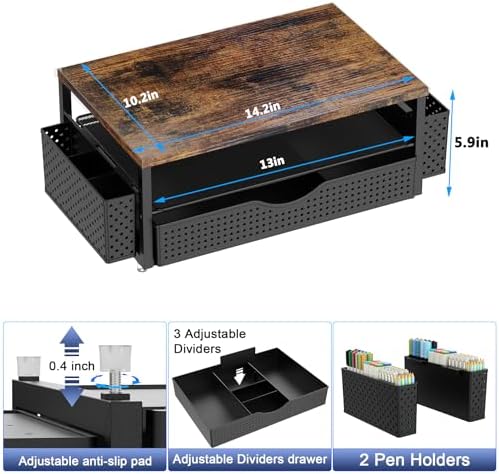 Spacrea Computer Monitor Stand with Drawer and 2 Pen Holders, Wood - Image 6